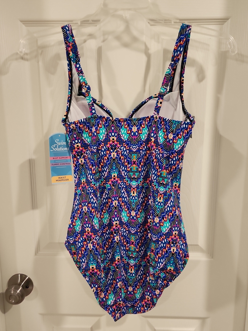 NWT Swim Solutions One Piece Swimsuit 12 Tummy Control Navy Multi Shirred $99 - Picture 4 of 8
